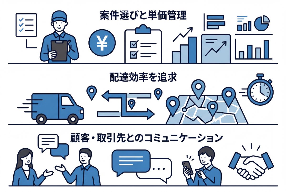 軽貨物の仕事を充実させるには
というテーマで以下を参考に画像化して。タイトル不要。テキストは以下以外使用禁止。
案件選びと単価管理
配達効率を追求
顧客・取引先とのコミュニケーション